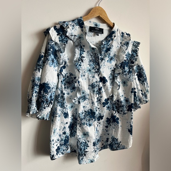 ERDEM X Universal Standard Blue and White Floral Poplin Ruffled Blouse - Picture 7 of 13